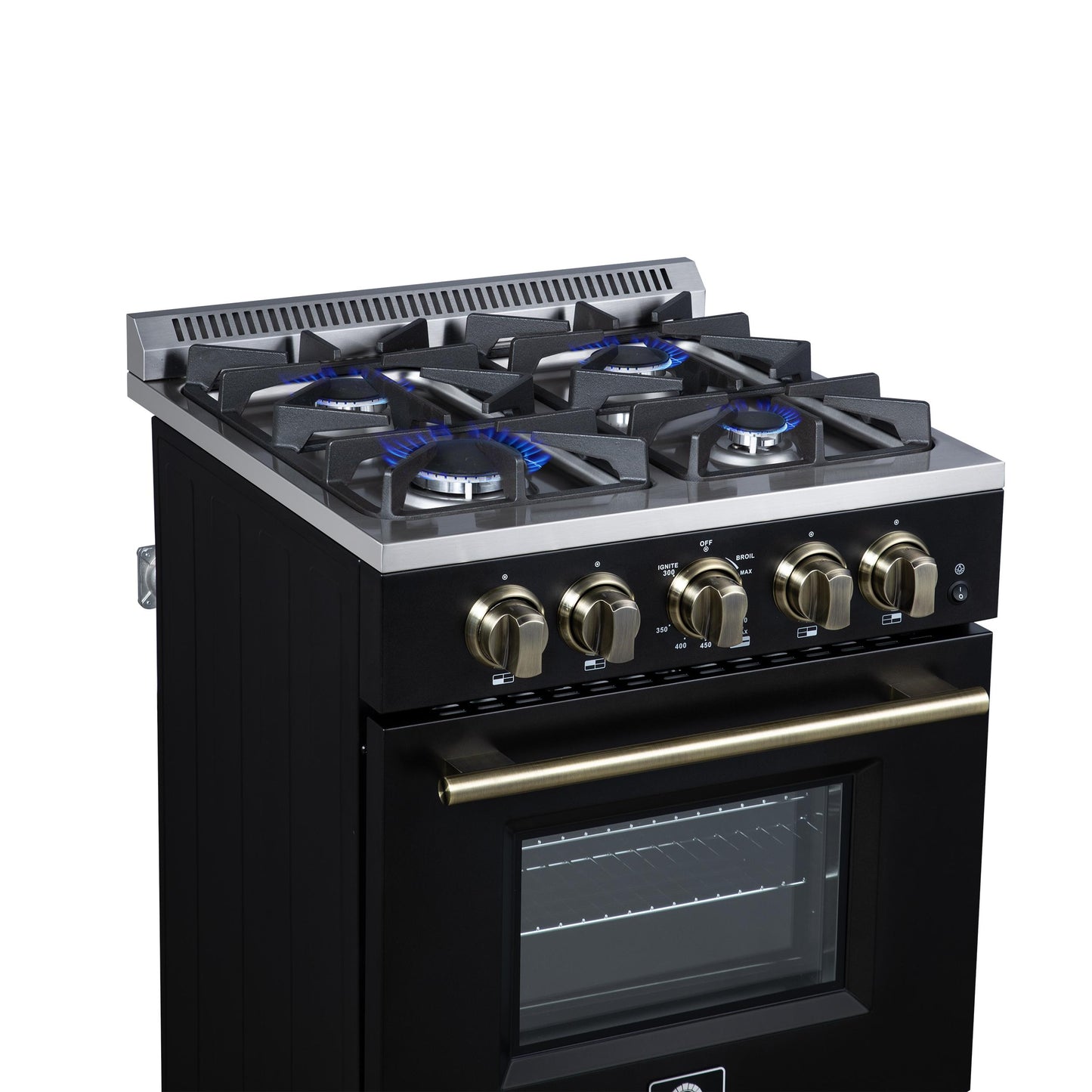 Forno FFSGS627224BLK Forno Breno 24 Inch Freestanding Gas Range In Black With Antique Brass, Compact Design