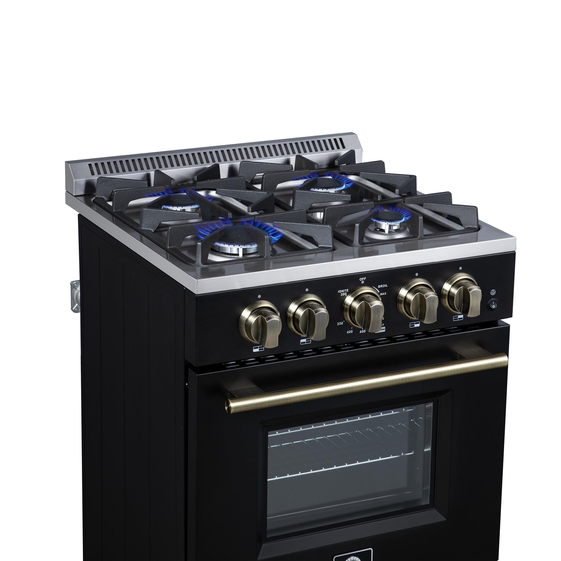 Forno FFSGS627224BLK Forno Breno 24 Inch Freestanding Gas Range In Black With Antique Brass, Compact Design