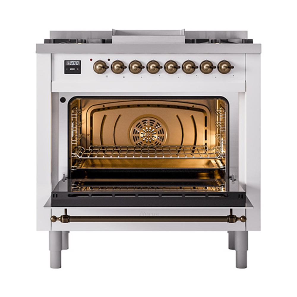 Ilve UN36FQNMPWHB Ilve Un36Fqnmpwhb Nostalgie Ii Noblesse 36" Dual Fuel Range (Natural Gas, Solid Door, White, Burnished)