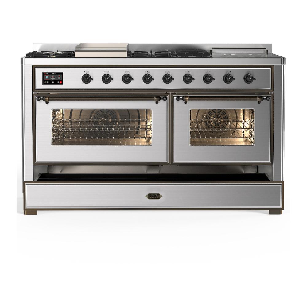 Ilve UM60FSNR3SSBLP Ilve Um60Fsnr3Ssblp Majestic Iii 60 Inch Dual Fuel Range With 7 Burners, Griddle And French Top, Dual Function Burner With Up To 25,000 Btu (Liquid Propane, Triple Glass Door, Stainless Steel, Burnished)