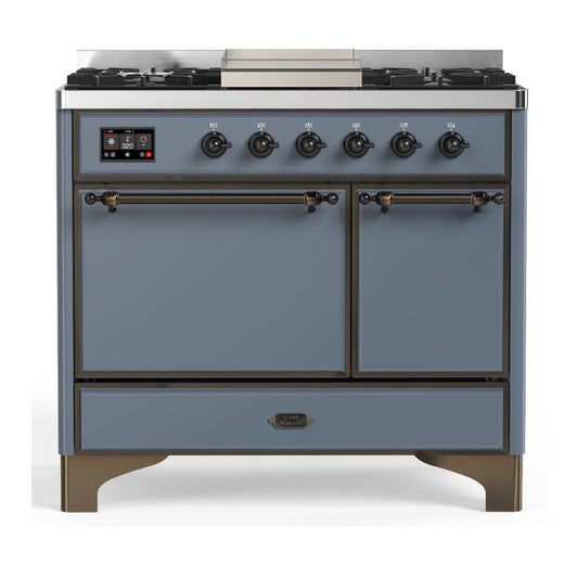 Ilve UMD40FQNR3BGB Ilve Umd40Fqnr3Bgb Majestic Iii 40 Inch Dual Fuel Range With 6 Burners And Griddle, Dual Function Burner Up To 25,000 Btu (Natural Gas, Solid Door, Blue Grey, Burnished)