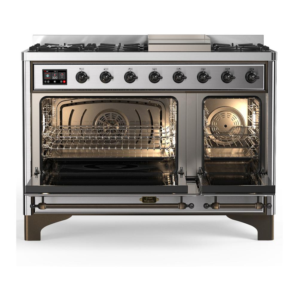 Ilve UM48FNR3SSB Ilve Um48Fnr3Ssb Majestic Iii 48 Inch Dual Fuel Range With 8 Burners And Griddle, Dual Function Burner Up To 25,000 Btu (Natural Gas, Triple Glass Door, Stainless Steel, Burnished)
