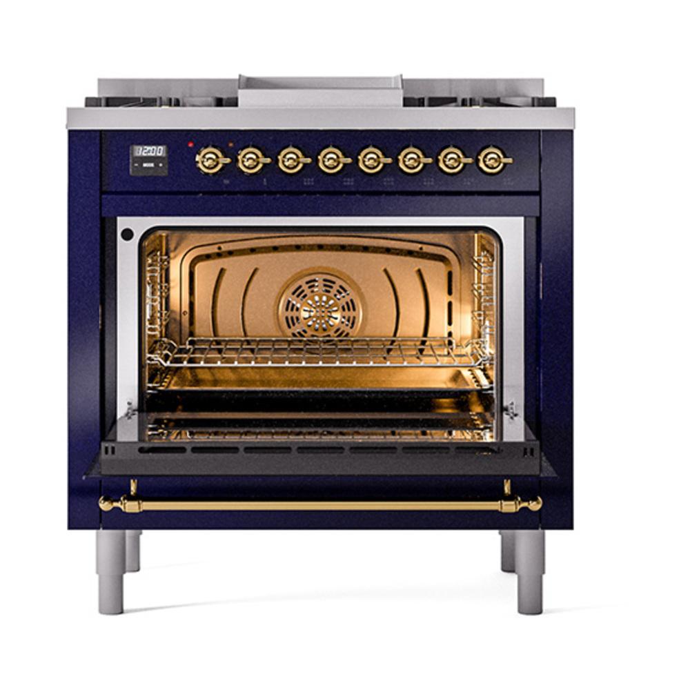 Ilve UN36FNMPMBGLP Ilve Un36Fnmpmbglp Nostalgie Ii Noblesse 36" Dual Fuel Range (Liquid Propane, Triple Glass Door, Midnight Blue, Brass)