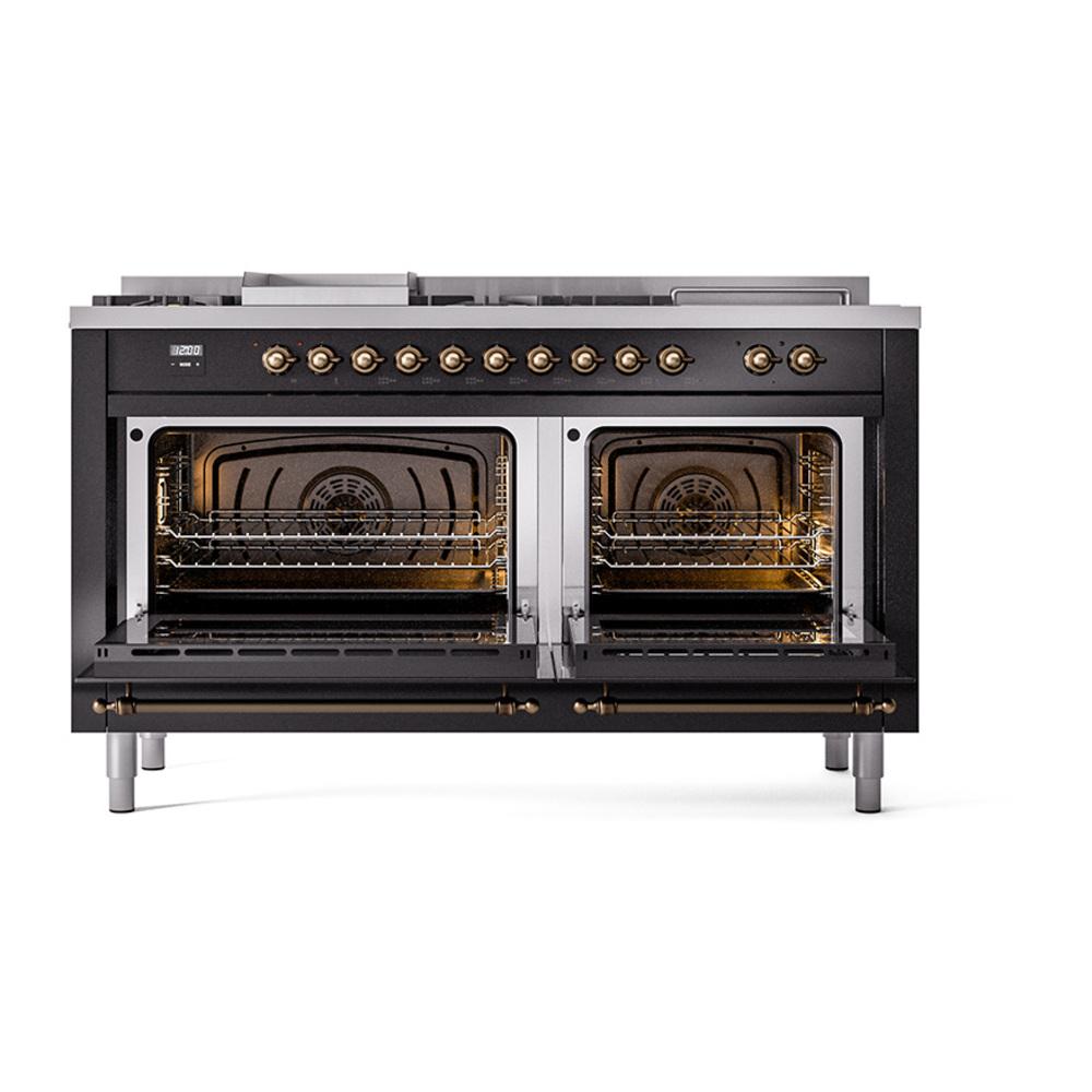 Ilve UN60FSNMPBKBLP Ilve Un60Fsnmpbkblp Nostalgie Ii Noblesse 60" Dual Fuel Range (7 Sealed Burners + Griddle + French Top, Liquid Propane, Triple Glass Door, Glossy Black, Burnished)