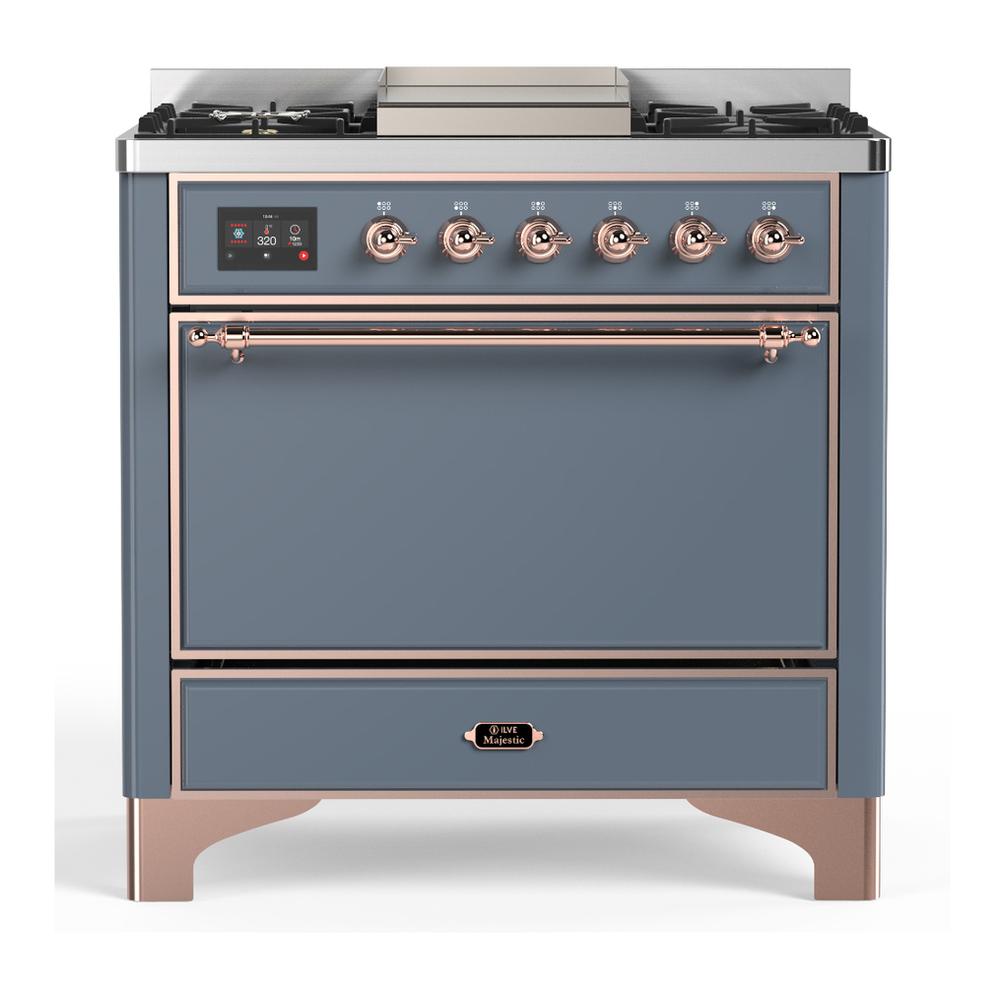 Ilve UM36FQNR3BGPLP Ilve Um36Fqnr3Bgplp Majestic Iii 36 Inch Dual Fuel Range With 6 Black Brass Burners And Griddle, Dual Function Burner Up To 25,000 Btu (Solid Door, Blue Grey, Copper, Liquid Propane)