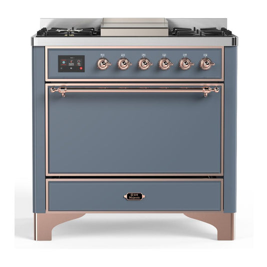 Ilve UM36FQNR3BGPLP Ilve Um36Fqnr3Bgplp Majestic Iii 36 Inch Dual Fuel Range With 6 Black Brass Burners And Griddle, Dual Function Burner Up To 25,000 Btu (Solid Door, Blue Grey, Copper, Liquid Propane)