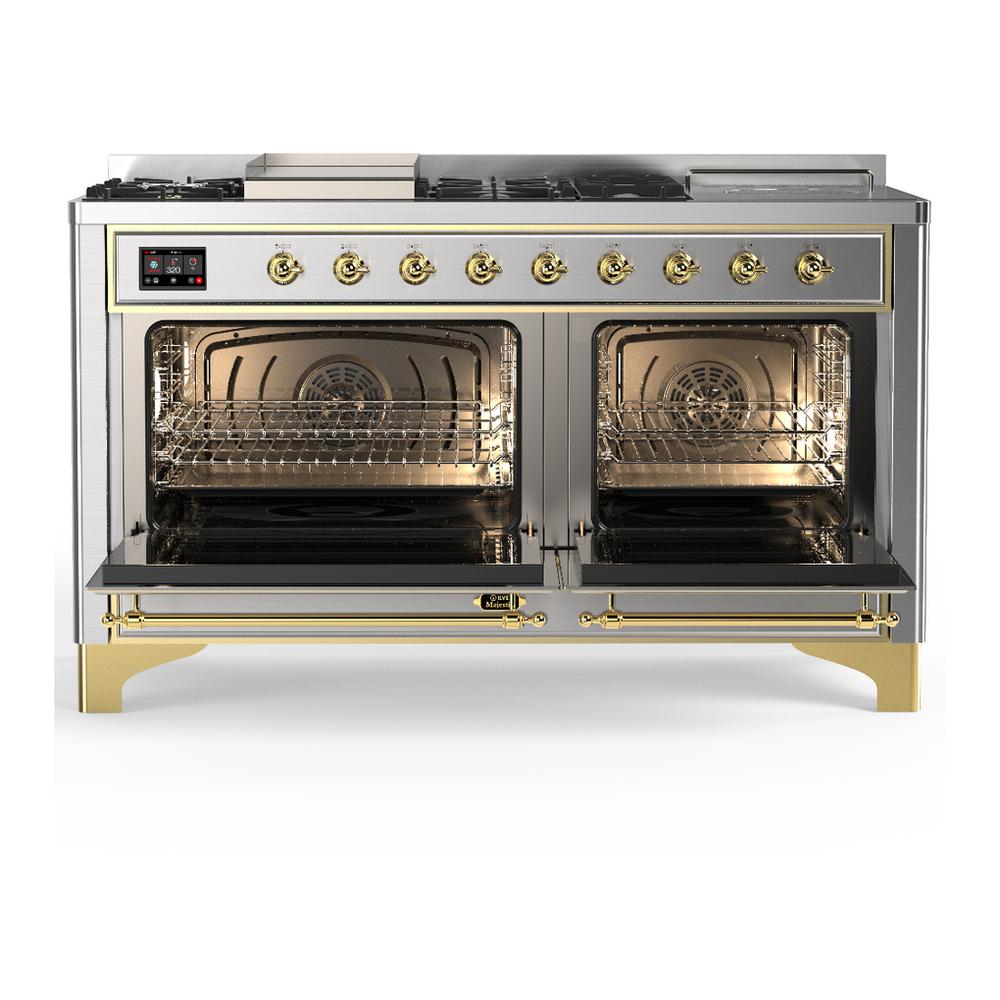 Ilve UM60FSNR3SSGLP Ilve Um60Fsnr3Ssglp Majestic Iii 60 Inch Dual Fuel Range With 7 Burners, Griddle And French Top, Dual Function Burner With Up To 25,000 Btu (Liquid Propane, Triple Glass Door, Stainless Steel, Brass)
