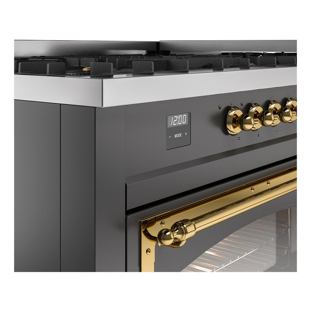 Ilve UN60FNMPMGG Ilve Un60Fnmpmgg Nostalgie Ii Noblesse 60" Dual Fuel Range (9 Sealed Burners + Griddle, Natural Gas, Triple Glass Door, Graphite Matte, Brass)