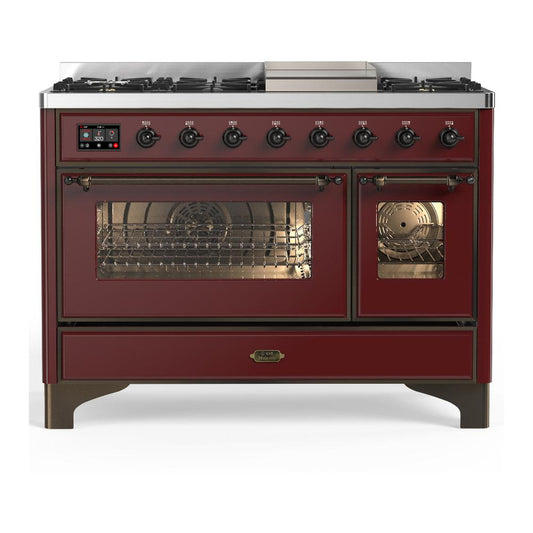Ilve UM48FNR3BUBLP Ilve Um48Fnr3Bublp Majestic Iii 48 Inch Dual Fuel Range With 8 Burners And Griddle, Dual Function Burner Up To 25,000 Btu (Liquid Propane, Triple Glass Door, Burgundy, Burnished)