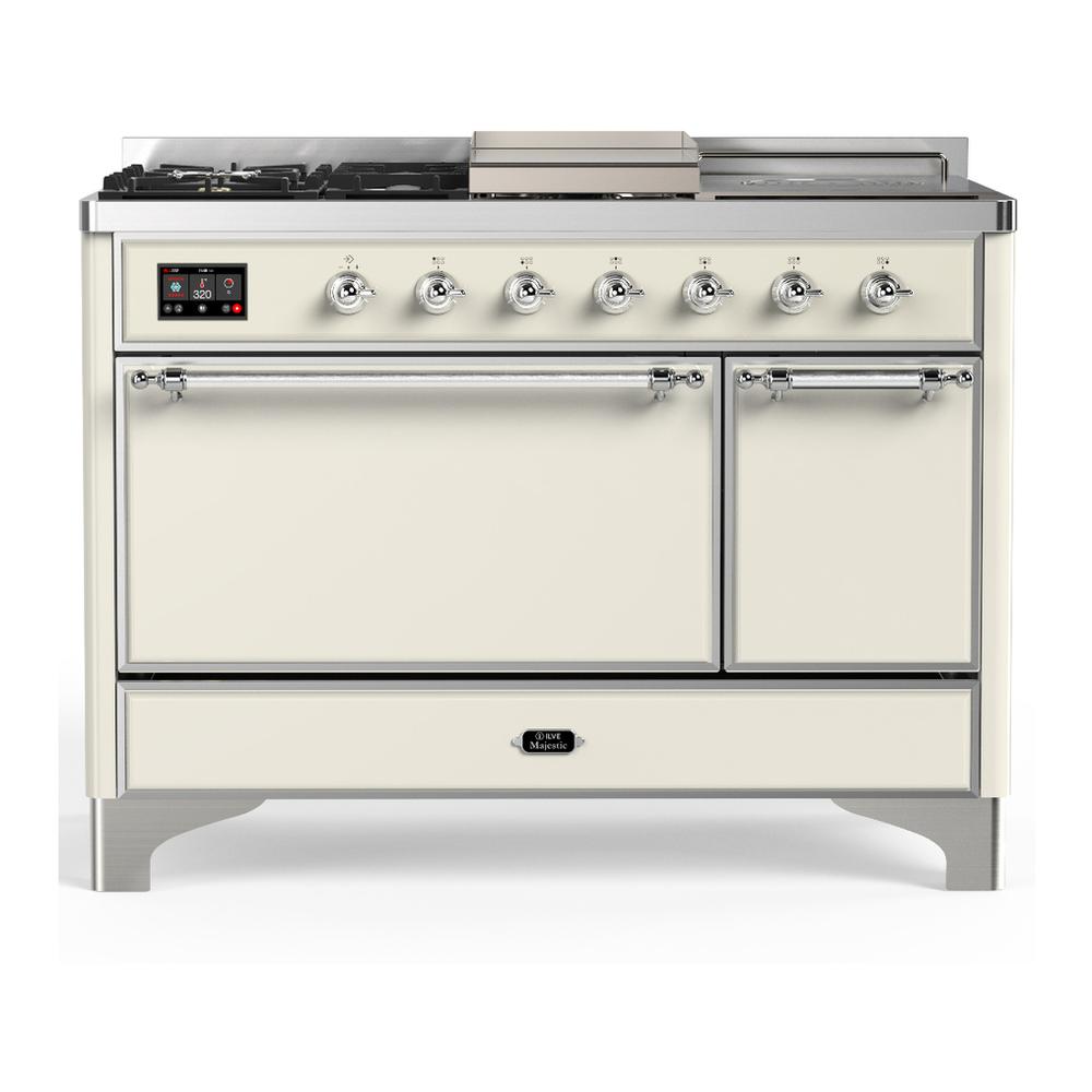 Ilve UM48FSQNR3AWC Ilve Um48Fsqnr3Awc Majestic Iii 48 Inch Dual Fuel Range With 5 Black Brass Burners, Griddle And French Top, Dual Function Burner Up To 25,000 Btu (Natural Gas, Solid Door, Antique White, Chrome)
