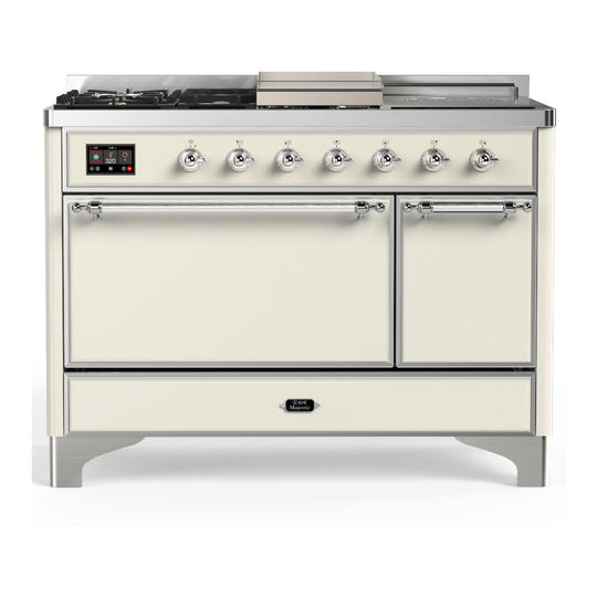 Ilve UM48FSQNR3AWC Ilve Um48Fsqnr3Awc Majestic Iii 48 Inch Dual Fuel Range With 5 Black Brass Burners, Griddle And French Top, Dual Function Burner Up To 25,000 Btu (Natural Gas, Solid Door, Antique White, Chrome)