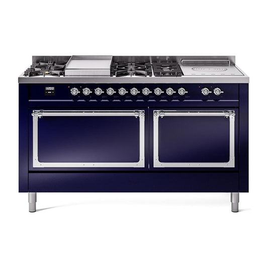 Ilve UN60FSQNMPMBCLP Ilve Un60Fsqnmpmbclp Nostalgie Ii Noblesse 60" Dual Fuel Range (7 Sealed Burners + Griddle + French Top, Liquid Propane, Solid Door, Midnight Blue, Chrome)