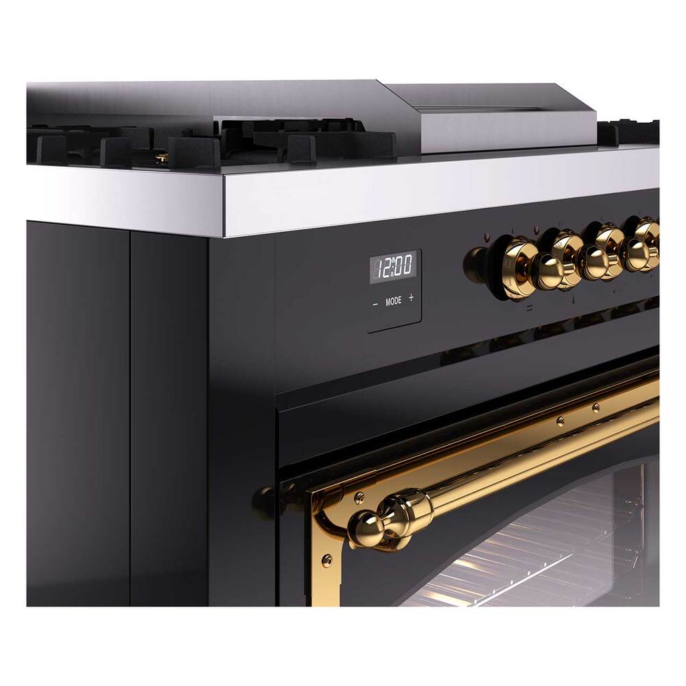 Ilve UN60FSNMPBKGLP Ilve Un60Fsnmpbkglp Nostalgie Ii Noblesse 60" Dual Fuel Range (7 Sealed Burners + Griddle + French Top, Liquid Propane, Triple Glass Door, Glossy Black, Brass)