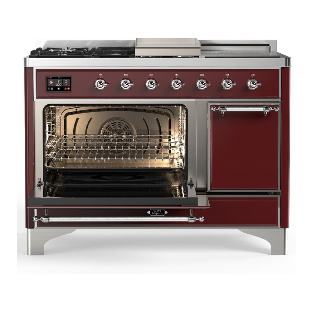 Ilve UM48FSQNR3BUCLP Ilve Um48Fsqnr3Buclp Majestic Iii 48 Inch Dual Fuel Range With 5 Black Brass Burners, Griddle And French Top, Dual Function Burner Up To 25,000 Btu (Liquid Propane, Solid Door, Burgundy, Chrome)