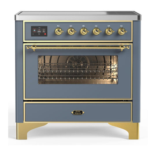 Ilve UMIB36NR3BGG Ilve Umib36Nr3Bgg Majestic Iii 36 Inch Induction Range With 6 Elements, 3.5 Cu. Ft. Total Oven Capacity (Triple Glass Door, Blue Grey, Brass)