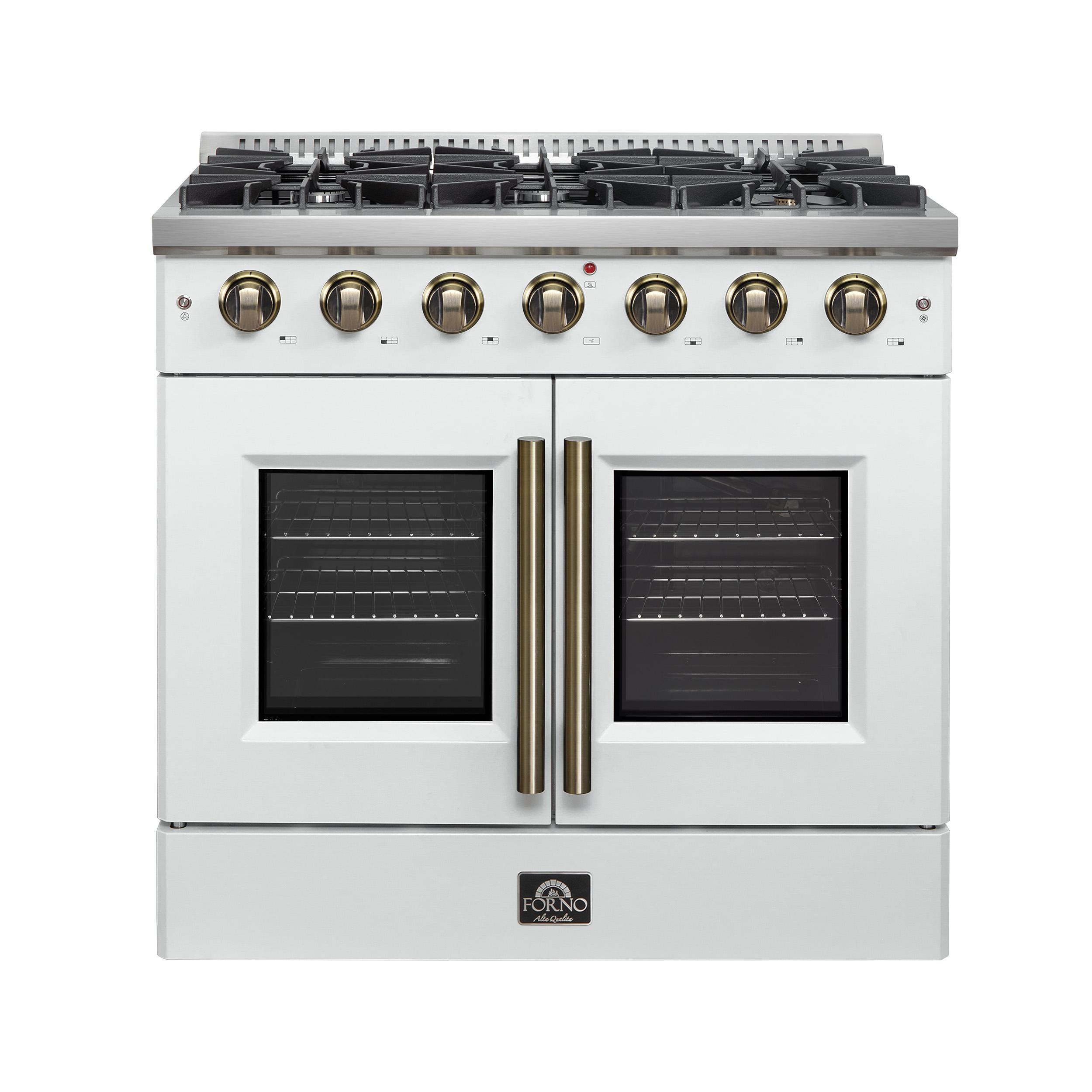 Forno FFSGS644436WHT Forno Galiano 36-Inch French Door Gas Range White And Antique Brass Design, 6 Sealed Burners 83,000 Btu, 5.36 Cu.Ft. Convection Oven