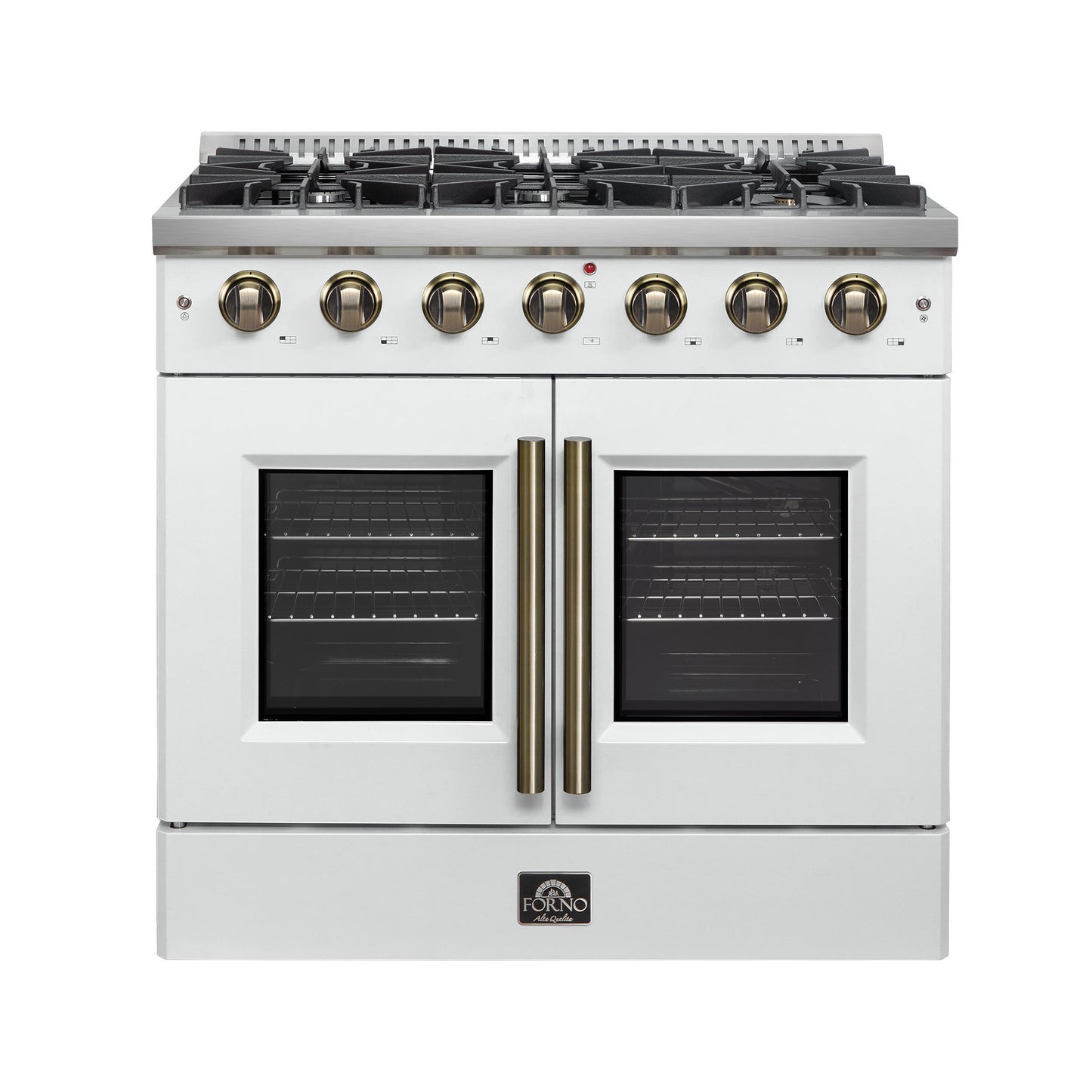 Forno FFSGS644436WHT Forno Galiano 36-Inch French Door Gas Range White And Antique Brass Design, 6 Sealed Burners 83,000 Btu, 5.36 Cu.Ft. Convection Oven
