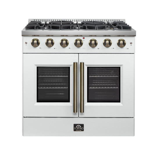 Forno FFSGS644436WHT Forno Galiano 36-Inch French Door Gas Range White And Antique Brass Design, 6 Sealed Burners 83,000 Btu, 5.36 Cu.Ft. Convection Oven