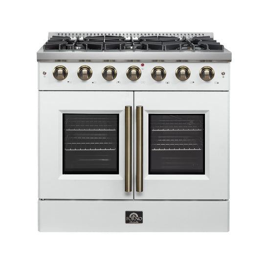Forno FFSGS644436WHT Forno Galiano 36-Inch French Door Gas Range White And Antique Brass Design, 6 Sealed Burners 83,000 Btu, 5.36 Cu.Ft. Convection Oven