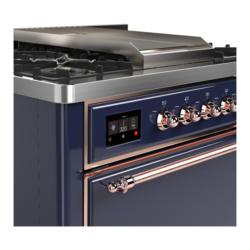 Ilve UM36FQNR3MBP Ilve Um36Fqnr3Mbp Majestic Iii 36 Inch Dual Fuel Range With 6 Black Brass Burners And Griddle, Dual Function Burner Up To 25,000 Btu (Solid Door, Midnight Blue, Copper, Natural Gas)