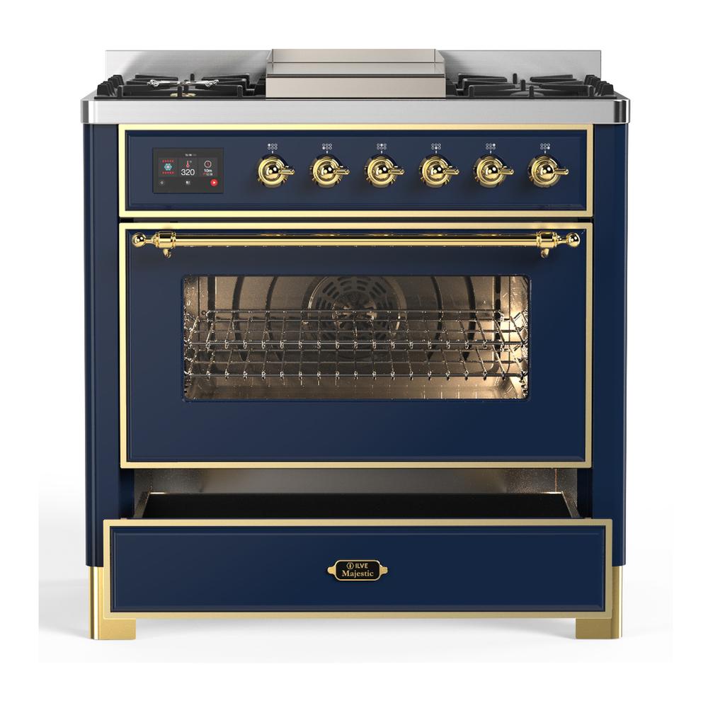 Ilve UM36FNR3MBG Ilve Um36Fnr3Mbg Majestic Iii 36 Inch Dual Fuel Range With 6 Black Brass Burners And Griddle, Dual Function Burner Up To 25,000 Btu (Triple Glass Door, Midnight Blue, Brass, Natural Gas)