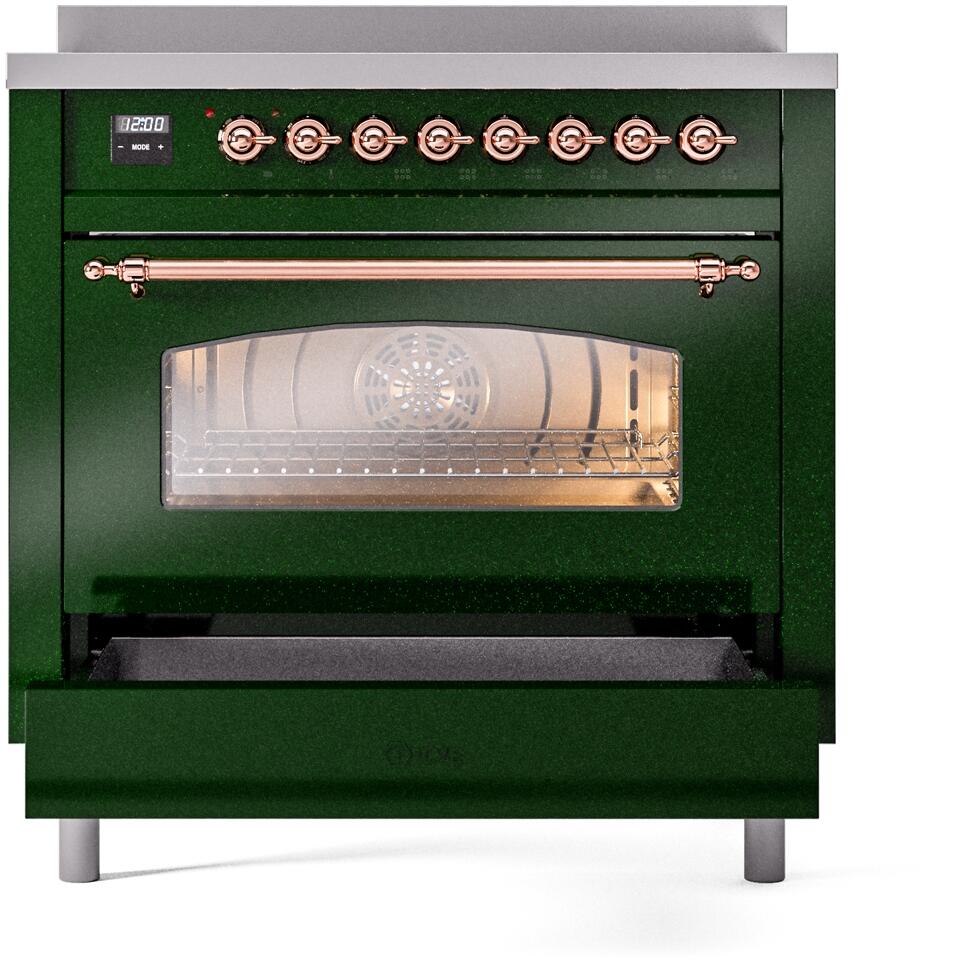 Ilve UPI366NMPEGP Nostalgie Ii 36 Inch Electric Freestanding Range In Emerald Green With Copper Trim
