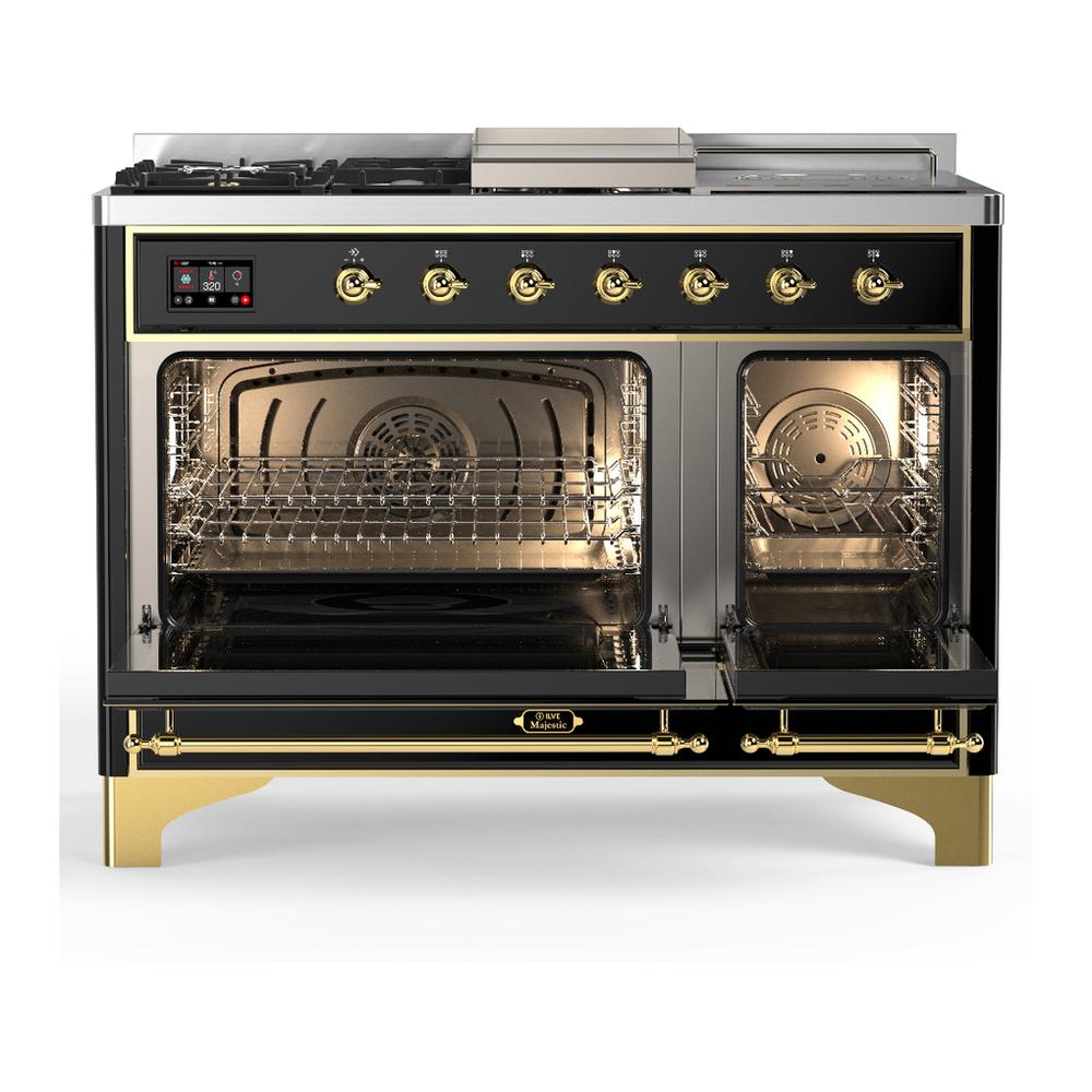 Ilve UM48FSNR3BKG Ilve Um48Fsnr3Bkg Majestic Iii 48 Inch Dual Fuel Range With 5 Black Brass Burners, Griddle And French Top, Dual Function Burner Up To 25,000 Btu (Natural Gas, Triple Glass Door, Glossy Black, Brass)