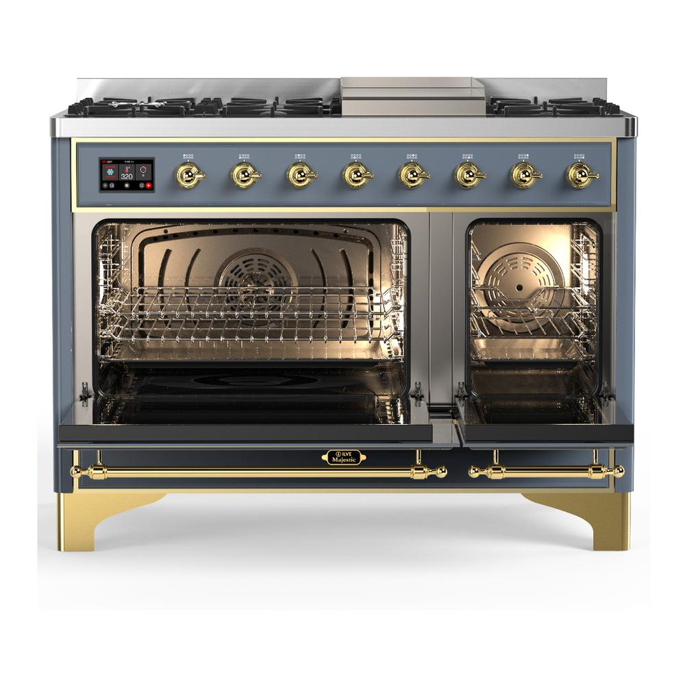 Ilve UM48FNR3BGG Ilve Um48Fnr3Bgg Majestic Iii 48 Inch Dual Fuel Range With 8 Burners And Griddle, Dual Function Burner Up To 25,000 Btu (Natural Gas, Triple Glass Door, Blue Grey, Brass)