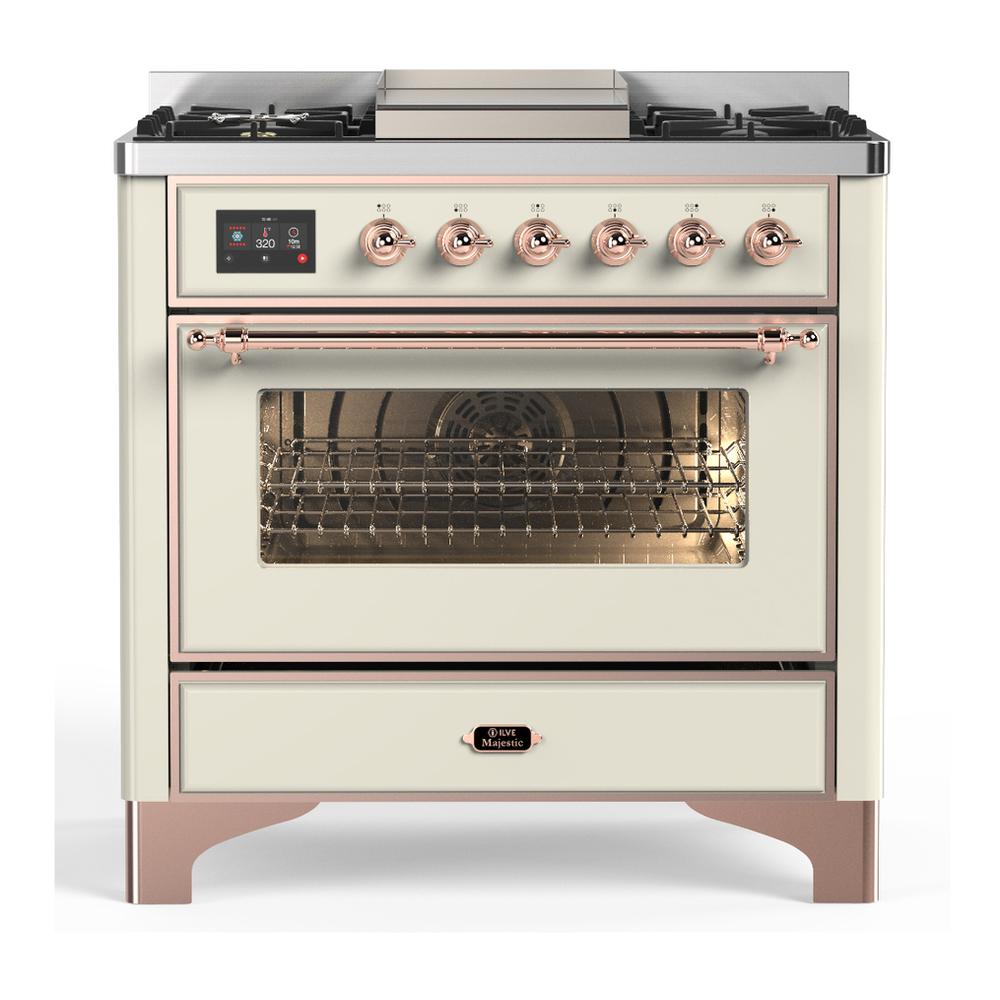 Ilve UM36FNR3AWPLP Ilve Um36Fnr3Awplp Majestic Iii 36 Inch Dual Fuel Range With 6 Black Brass Burners And Griddle, Dual Function Burner Up To 25,000 Btu (Triple Glass Door, Antique White, Copper, Liquid Propane)