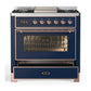 Ilve UM36FNR3MBP Ilve Um36Fnr3Mbp Majestic Iii 36 Inch Dual Fuel Range With 6 Black Brass Burners And Griddle, Dual Function Burner Up To 25,000 Btu (Triple Glass Door, Midnight Blue, Copper, Natural Gas)