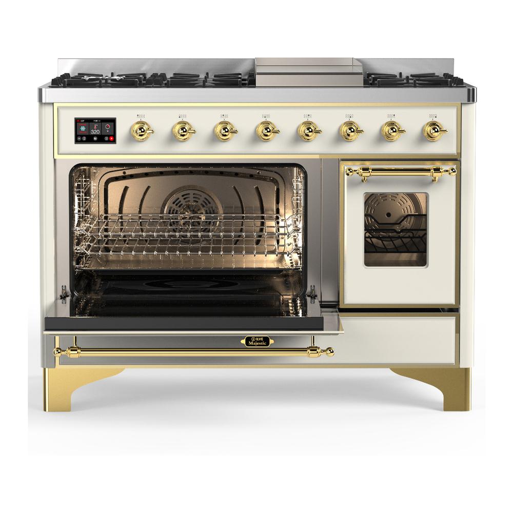 Ilve UM48FNR3AWG Ilve Um48Fnr3Awg Majestic Iii 48 Inch Dual Fuel Range With 8 Burners And Griddle, Dual Function Burner Up To 25,000 Btu (Natural Gas, Triple Glass Door, Antique White, Brass)