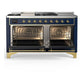Ilve UM60FSQNR3MBGLP Ilve Um60Fsqnr3Mbglp Majestic Iii 60 Inch Dual Fuel Range With 7 Burners, Griddle And French Top, Dual Function Burner With Up To 25,000 Btu (Liquid Propane, Solid Door, Midnight Blue, Brass)