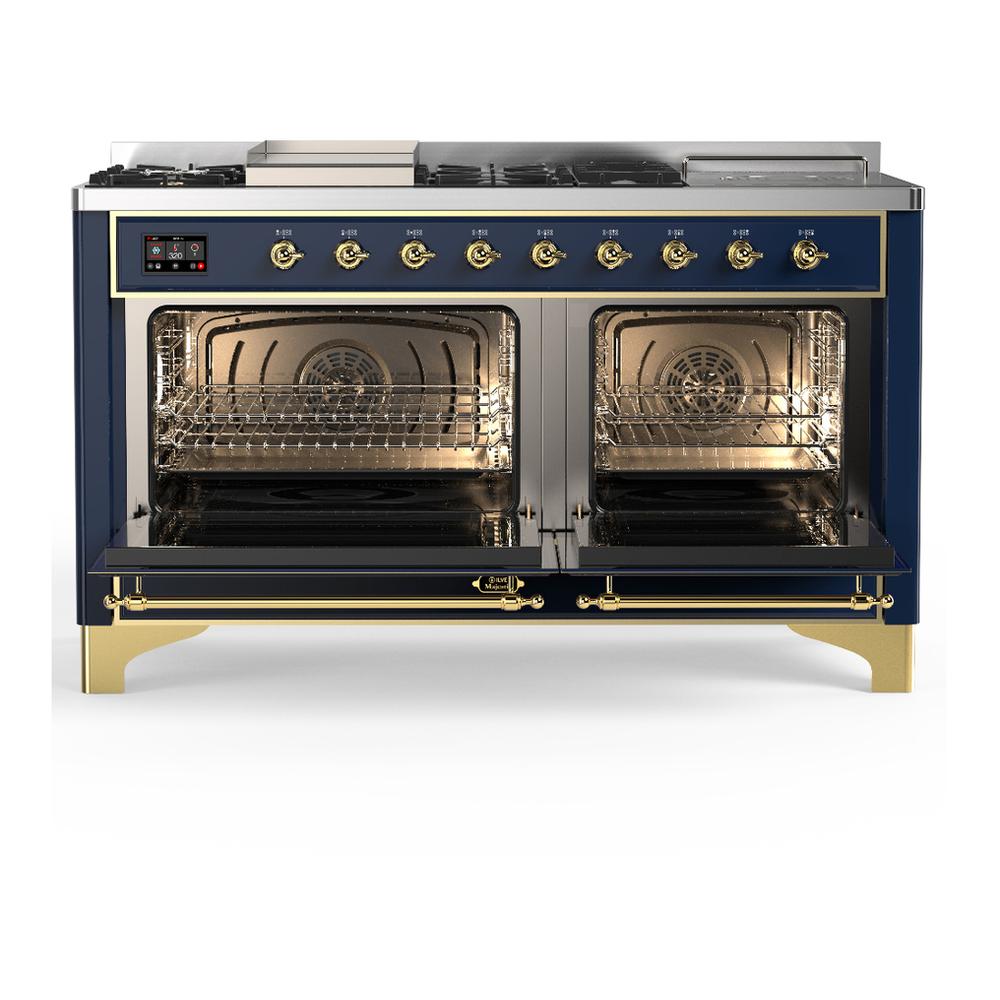 Ilve UM60FSQNR3MBGLP Ilve Um60Fsqnr3Mbglp Majestic Iii 60 Inch Dual Fuel Range With 7 Burners, Griddle And French Top, Dual Function Burner With Up To 25,000 Btu (Liquid Propane, Solid Door, Midnight Blue, Brass)