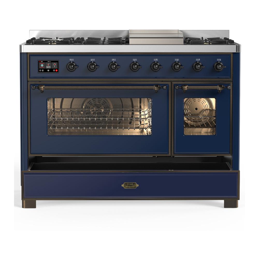 Ilve UM48FNR3MBPLP Ilve Um48Fnr3Mbplp Majestic Iii 48 Inch Dual Fuel Range With 8 Burners And Griddle, Dual Function Burner Up To 25,000 Btu (Liquid Propane, Triple Glass Door, Midnight Blue, Copper)