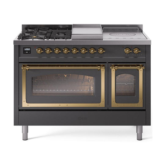 Ilve UN48FSNMPMGG Ilve Un48Fsnmpmgg Nostalgie Ii Noblesse 48" Dual Fuel Range (5 Sealed Burners + Griddle + French Top, Natural Gas, Triple Glass Door, Graphite Matte, Brass)