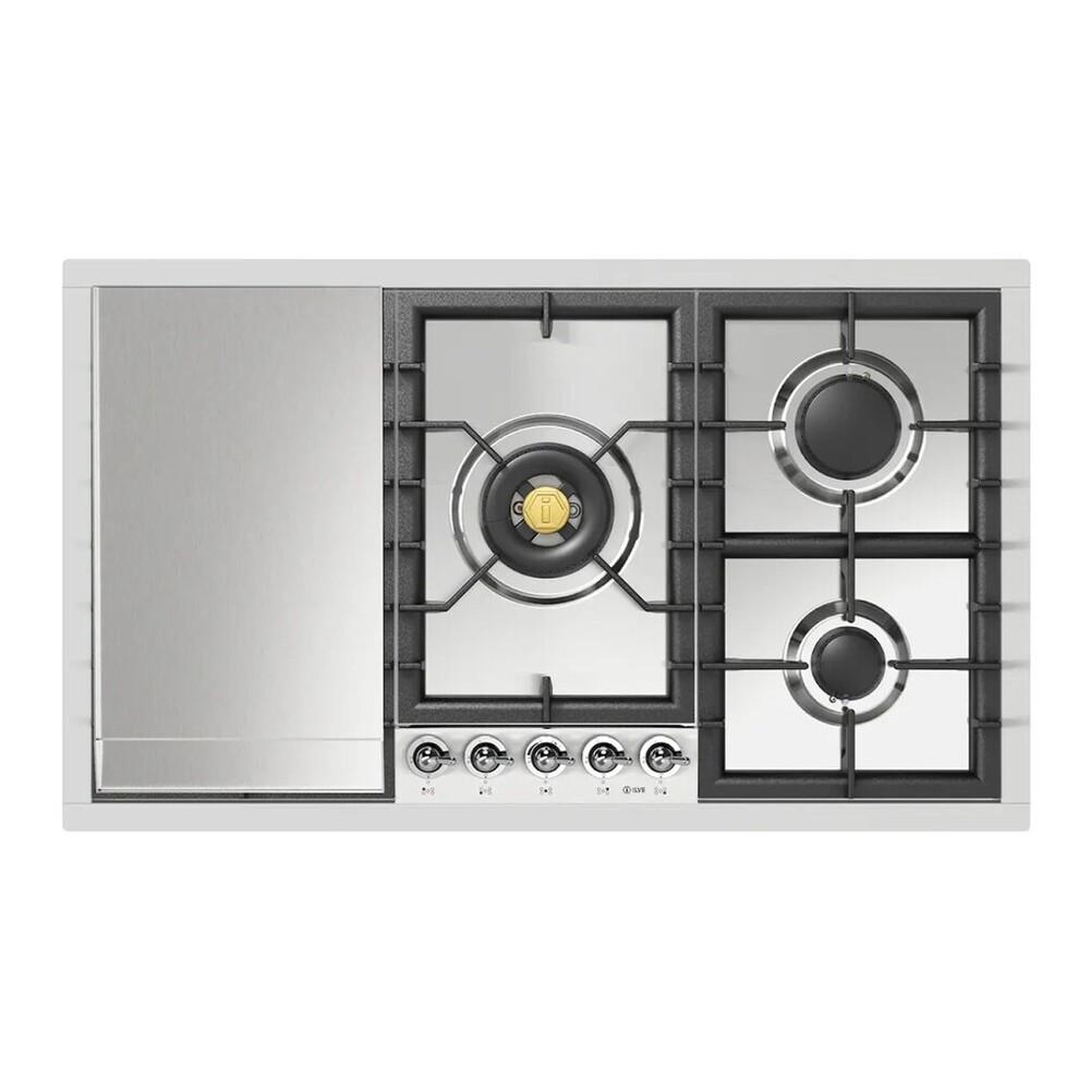Ilve UHCPT95FNSSC Ilve Uhcpt95Fnssc Nostalgie Ii 36 Inch Built-In Gas Cooktop With Total Black Brass Burners, In Stainless Steel (5 Sealed Burners + Griddle, Natural Gas, Chrome)