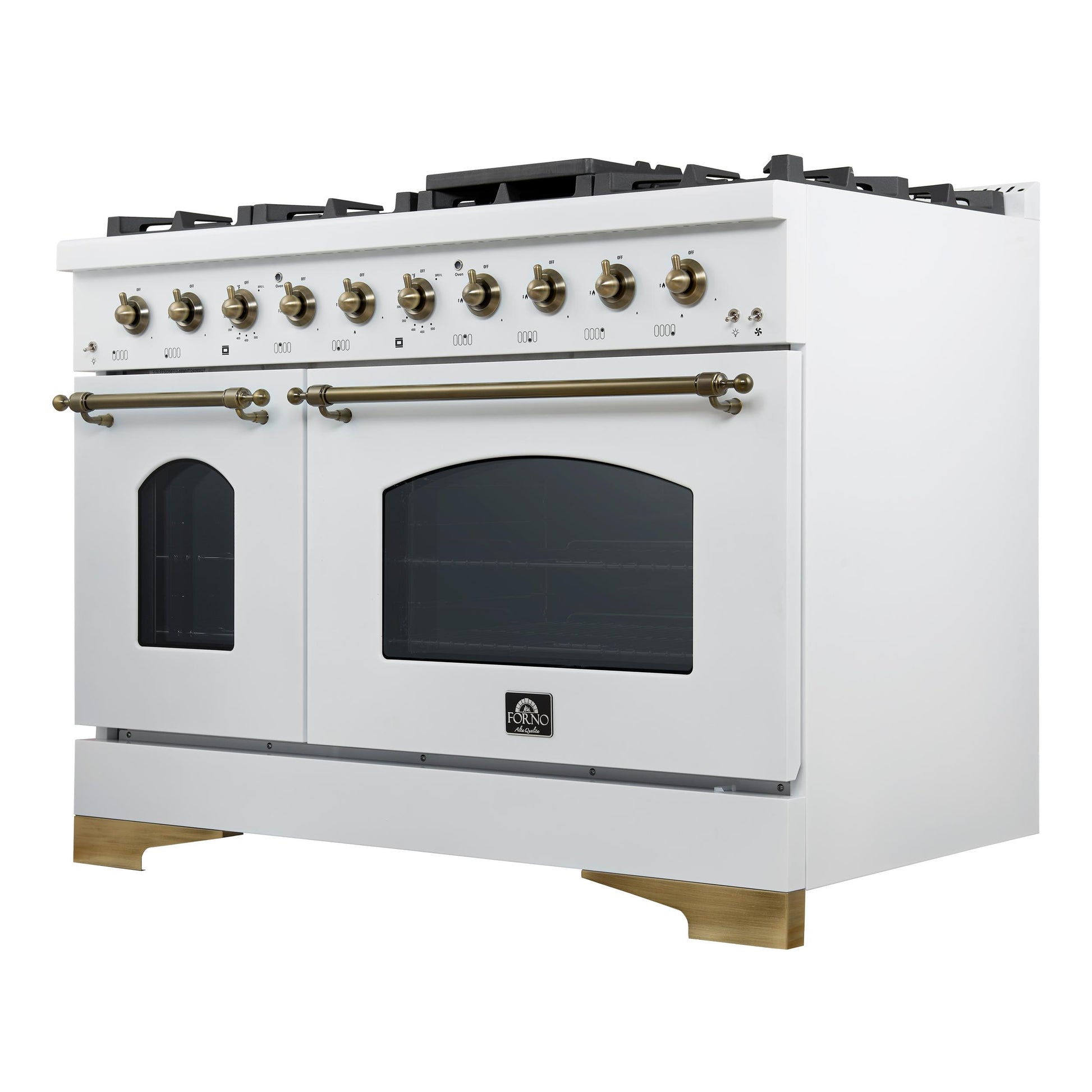 Forno FFSGS611348WHT Forno Antico 48-Inch Dual Fuel Range, White With Antique Brass Finish, 8 Burners, 94,000 Btu, 5.5 Cu.Ft. Double Ovens & Griddle