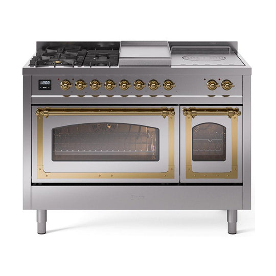 Ilve UN48FSNMPSSGLP Ilve Un48Fsnmpssglp Nostalgie Ii Noblesse 48" Dual Fuel Range (5 Sealed Burners + Griddle + French Top, Liquid Propane, Triple Glass Door, Stainless Steel, Brass)