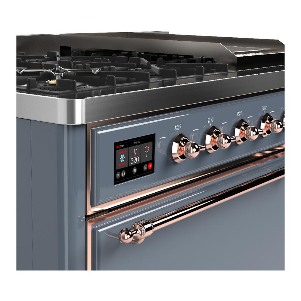 Ilve UM48FQNR3BGPLP Ilve Um48Fqnr3Bgplp Majestic Iii 48 Inch Dual Fuel Range With 8 Burners And Griddle, Dual Function Burner Up To 25,000 Btu (Liquid Propane, Solid Door, Blue Grey, Copper)