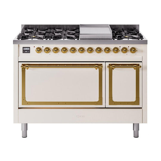 Ilve UN48FQNMPAWGLP Ilve Un48Fqnmpawglp Nostalgie Ii Noblesse 48" Dual Fuel Range (8 Sealed Burners + Griddle, Liquid Propane, Solid Door, Antique White, Brass)