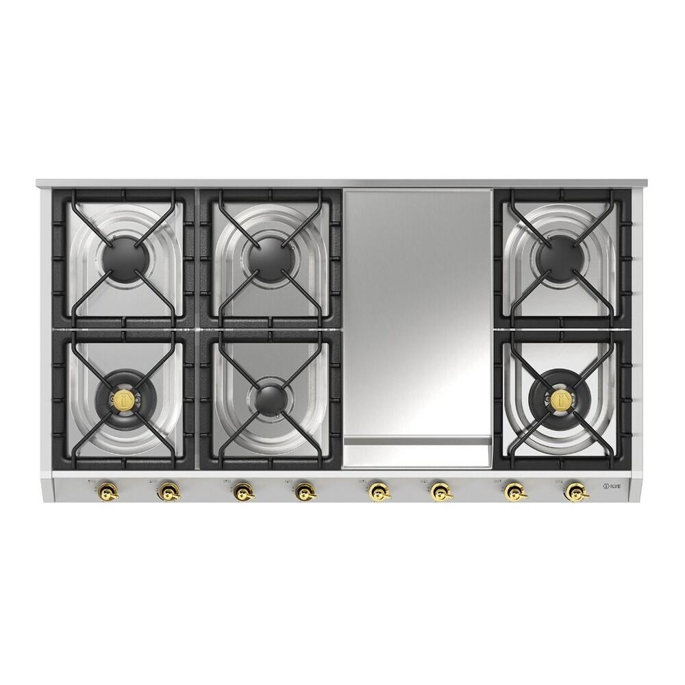 Ilve UHCP1265FNSSGLP Ilve Uhcp1265Fnssglp Nostalgie Ii 48 Inch Gas Cooktop With 8 Burners, Griddle, In Stainless Steel (Liquid Propane, Brass)