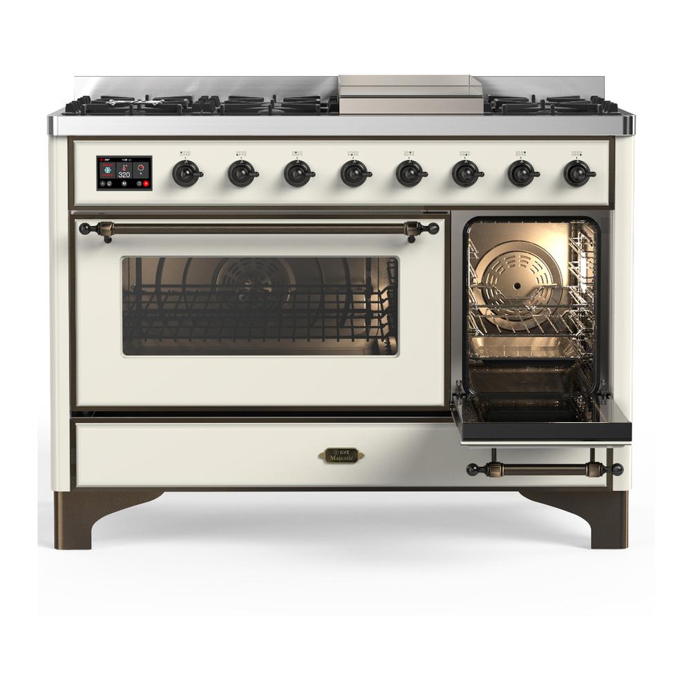 Ilve UM48FNR3AWBLP Ilve Um48Fnr3Awblp Majestic Iii 48 Inch Dual Fuel Range With 8 Burners And Griddle, Dual Function Burner Up To 25,000 Btu (Liquid Propane, Triple Glass Door, Antique White, Burnished)