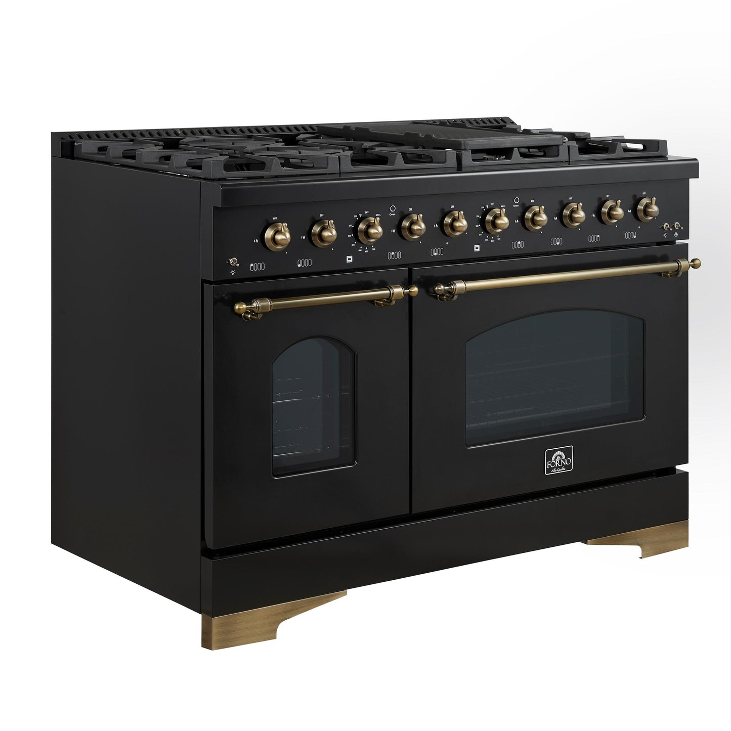 Forno FFSGS611348BLK Forno Antico 48-Inch Dual Fuel Range, Black With Antique Brass Finish, 8 Burners, 94,000 Btu, 5.5 Cu.Ft. Double Ovens & Griddle