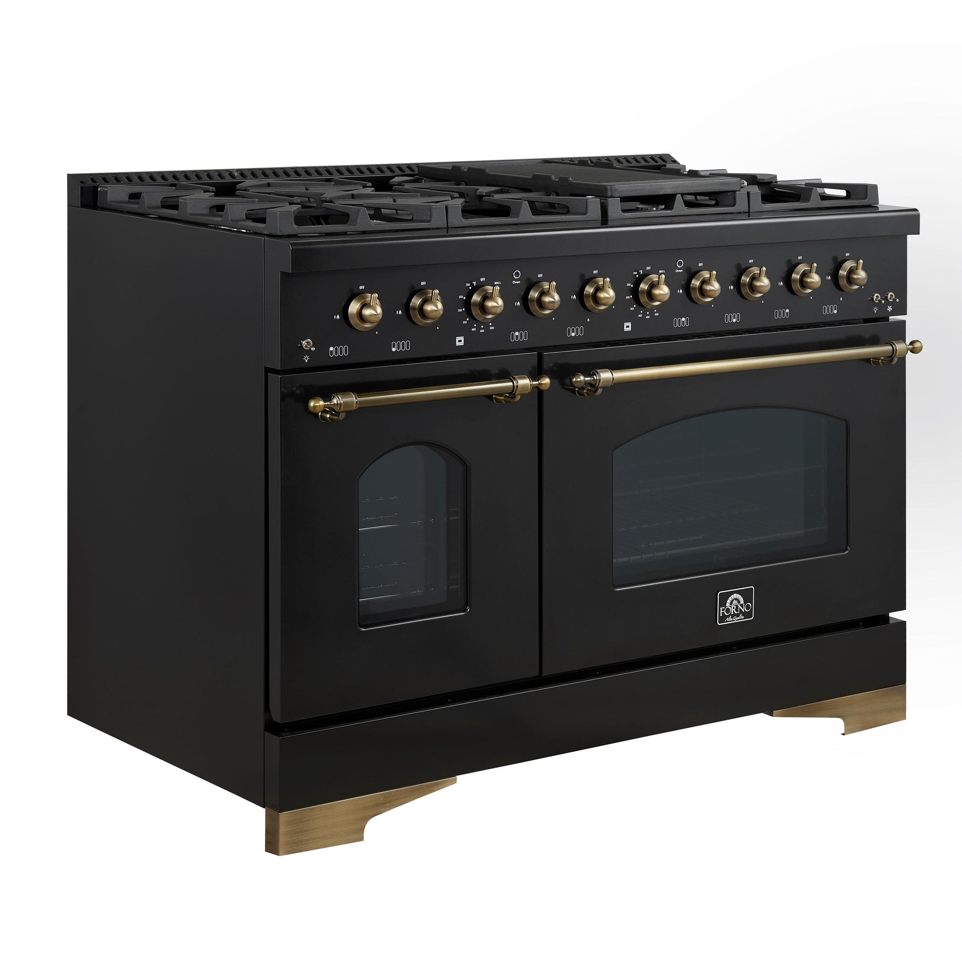 Forno FFSGS611348BLK Forno Antico 48-Inch Dual Fuel Range, Black With Antique Brass Finish, 8 Burners, 94,000 Btu, 5.5 Cu.Ft. Double Ovens & Griddle