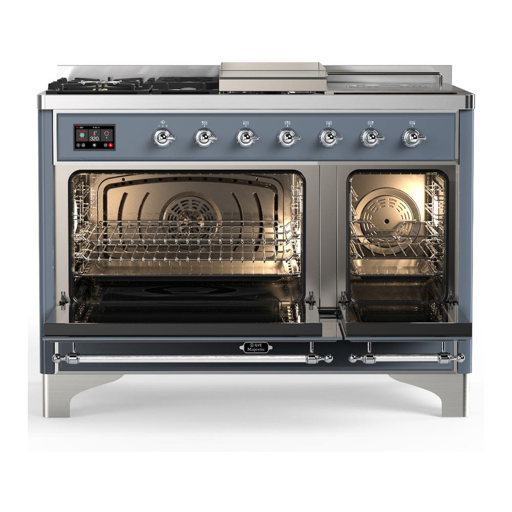 Ilve UM48FSQNR3BGC Ilve Um48Fsqnr3Bgc Majestic Iii 48 Inch Dual Fuel Range With 5 Black Brass Burners, Griddle And French Top, Dual Function Burner Up To 25,000 Btu (Natural Gas, Solid Door, Blue Grey, Chrome)