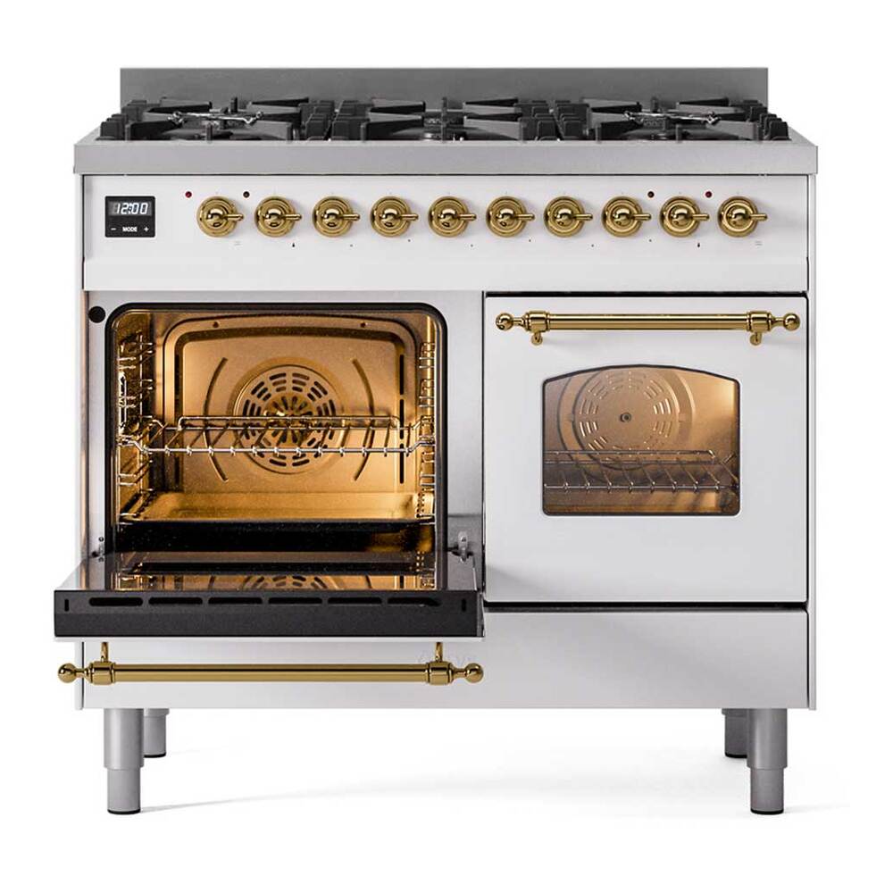 Ilve UPD406NMPWHG Ilve Upd406Nmpwhg Nostalgie Ii 40 Inch Dual Fuel Range With 6 Total Black Brass Burners (Limited Edition) (Natural Gas, White)