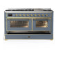 Ilve UM60FNR3BGGLP Ilve Um60Fnr3Bgglp Majestic Iii 60 Inch Dual Fuel Range With 9 Burners And Griddle, Dual Function Burner Up To 25,000 Btu (Liquid Propane, Triple Glass Door, Blue Grey, Brass)