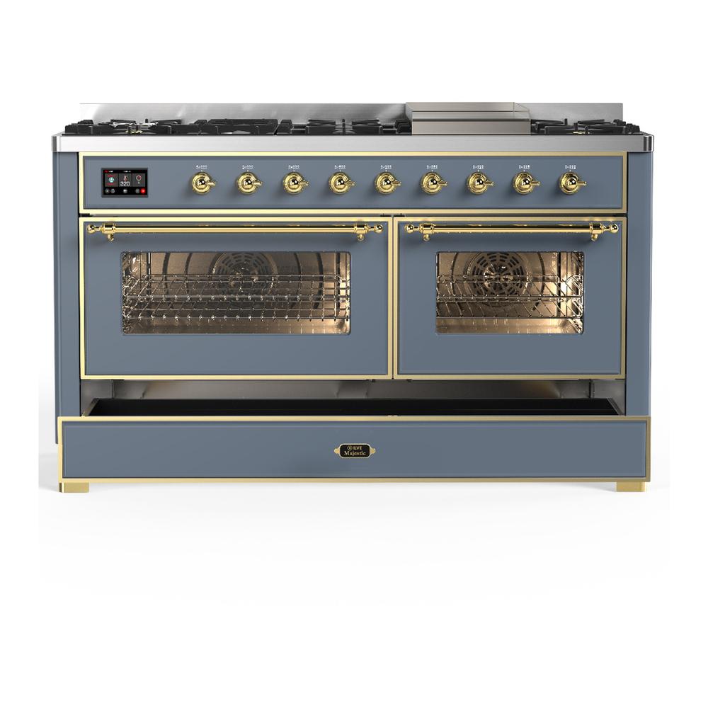 Ilve UM60FNR3BGGLP Ilve Um60Fnr3Bgglp Majestic Iii 60 Inch Dual Fuel Range With 9 Burners And Griddle, Dual Function Burner Up To 25,000 Btu (Liquid Propane, Triple Glass Door, Blue Grey, Brass)