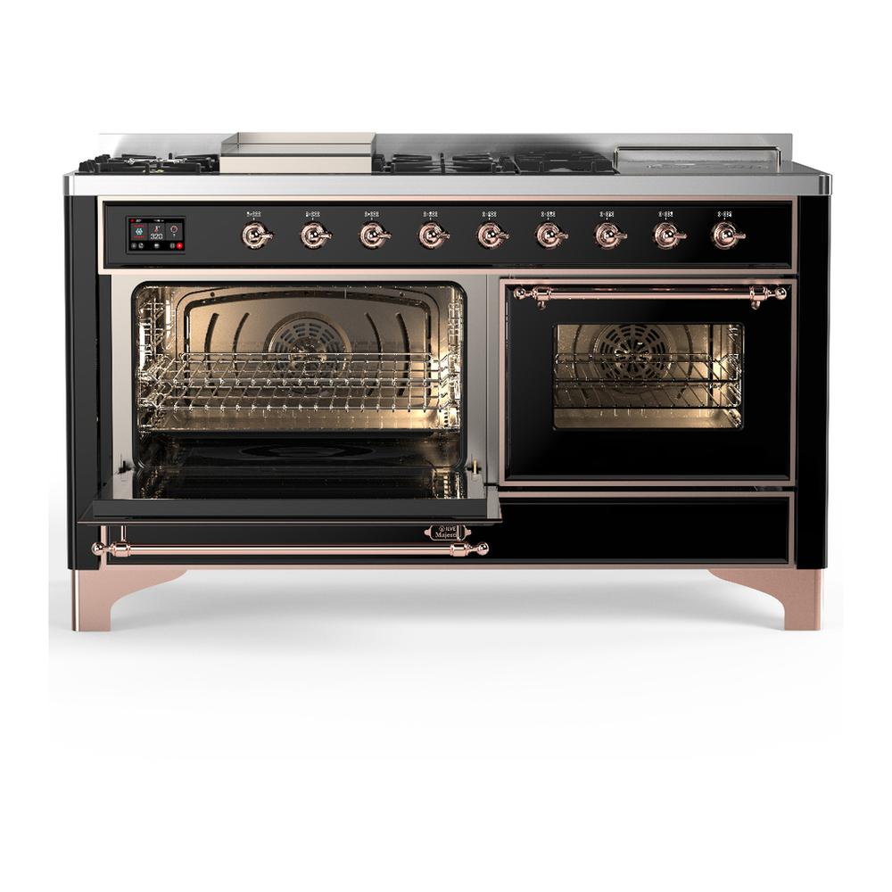 Ilve UM60FSNR3BKP Ilve Um60Fsnr3Bkp Majestic Iii 60 Inch Dual Fuel Range With 7 Burners, Griddle And French Top, Dual Function Burner With Up To 25,000 Btu (Natural Gas, Triple Glass Door, Glossy Black, Copper)
