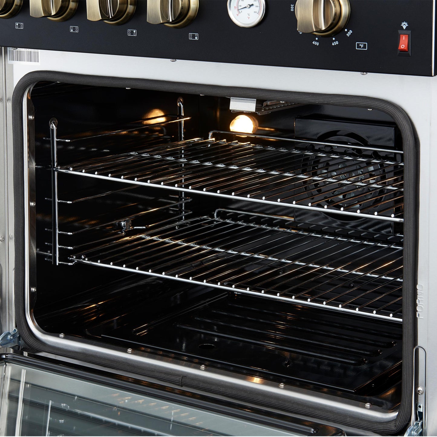 Forno FFSGS627730BLK Marco 30-Inch Gas Range Black & Antique Brass Design, 4 Burners 37,000 Btu, 4.32 Cu.Ft. Convection Oven